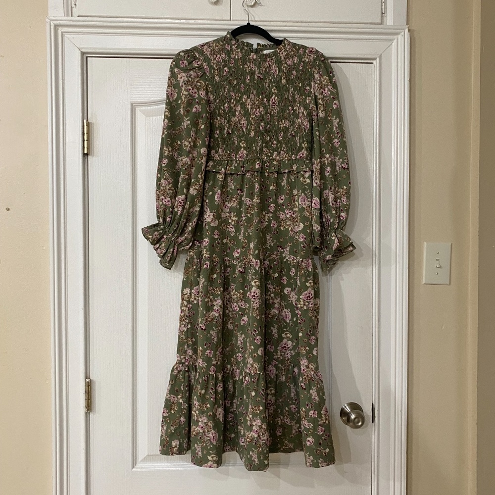 green floral smock midi dress